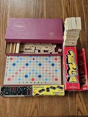 Vintage Board Game Lot | Scrabble, Jenga Mark II, Coloured Dominoes | Complete